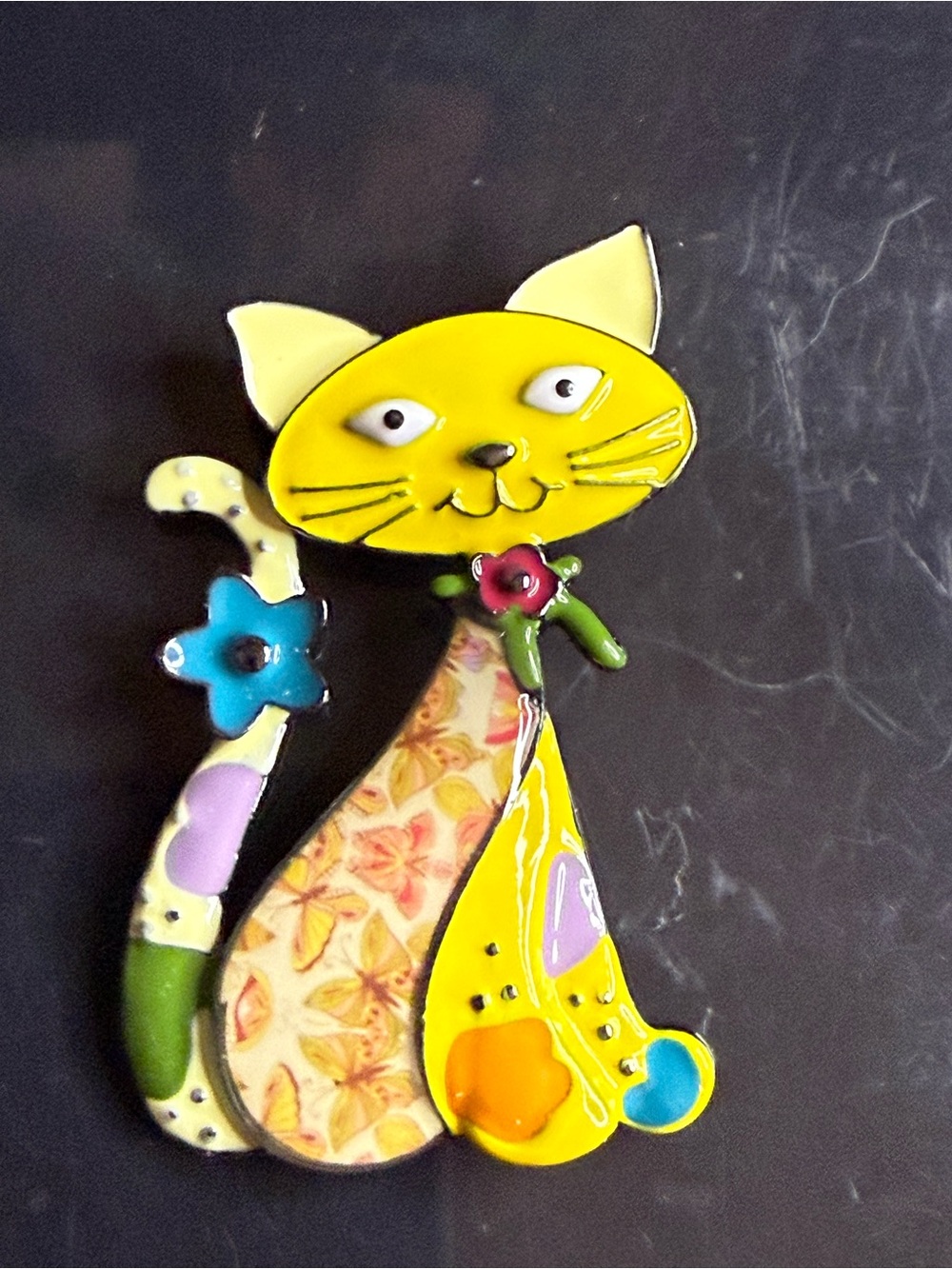 Colorful Yellow Cat Pin Brooch – Floral Accent